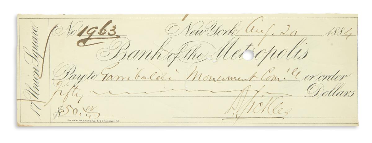 (CIVIL WAR.) Sickles, Daniel E. Group of 5 checks signed by Sickles.